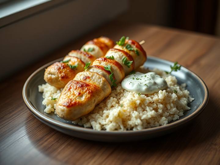 Chicken Souvlaki with Tzatziki and Pilaf
