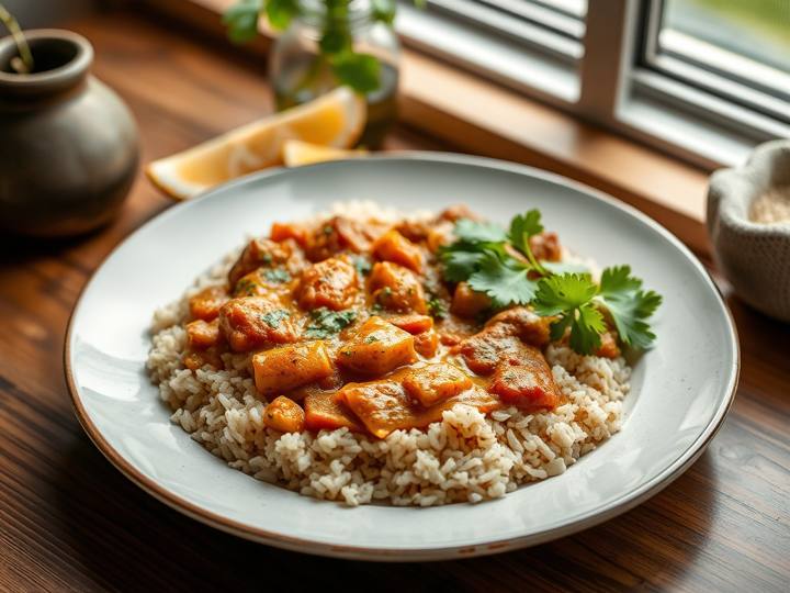 Meen Curry with Brown Rice