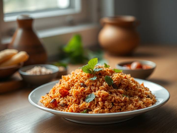 Red Rice with Sambar and Thoran