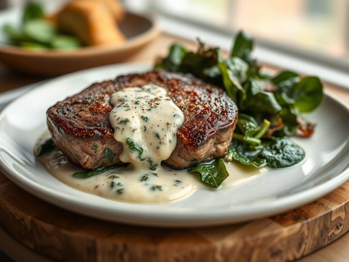 Pan-Seared Steak with Creamy Spinach